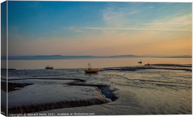 Boats stranded in Morecambe bay Canvas Print by Richard Perks