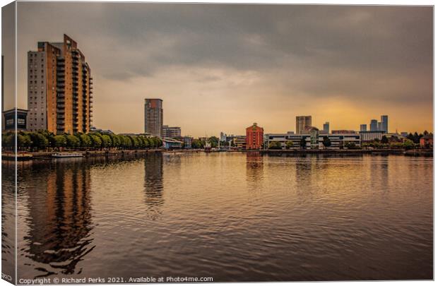 Manchester city skyline reflections - Salford Quay Canvas Print by Richard Perks