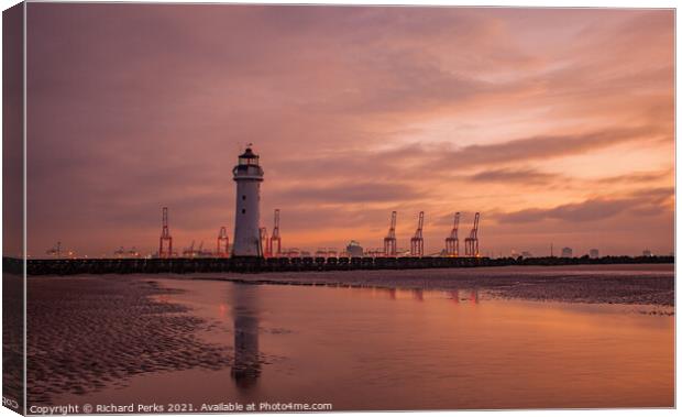 New Brighton Lighthouse and Seaforth Docks at Sunr Canvas Print by Richard Perks