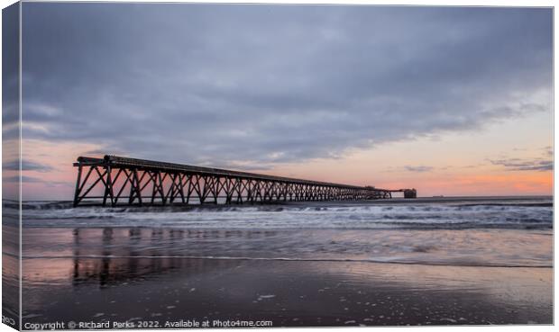 Steetley Pier in reflection Canvas Print by Richard Perks