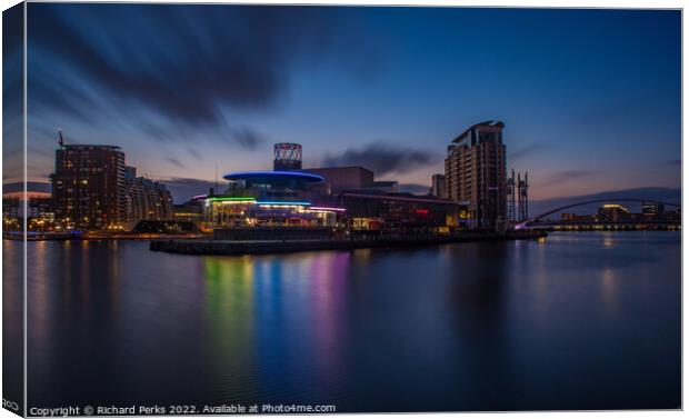 Twilight colours at Salford Quays Canvas Print by Richard Perks