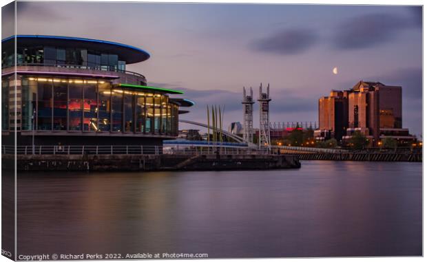 Old Trafford, The Quays and the Moon Canvas Print by Richard Perks