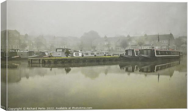 Canal barges in the Autumn mists Canvas Print by Richard Perks