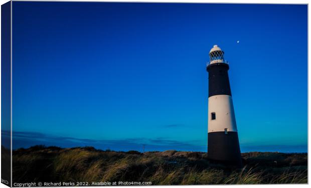 Spurn Point Lighthouse and the moon Canvas Print by Richard Perks