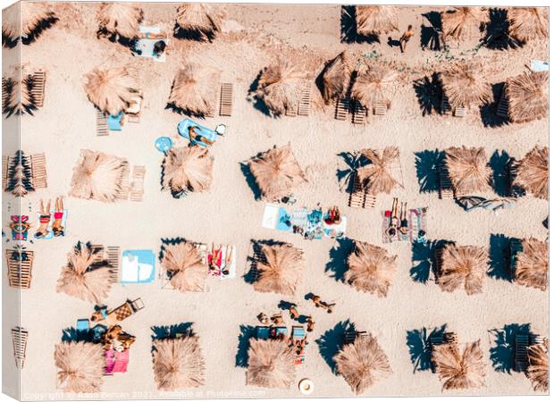 Aerial Beach Umbrellas, Beach People Print, Hot Summer Art Print Canvas Print by Radu Bercan