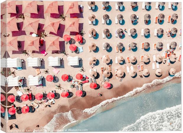People Red Umbrellas On Beach, Aerial Sea Beach Print Canvas Print by Radu Bercan