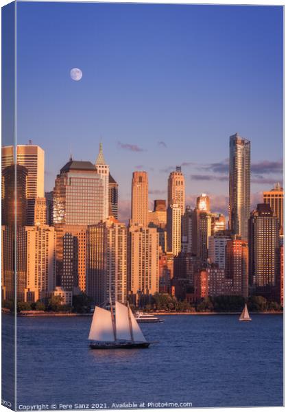 Full Moon Rising Over Lower Manhattan at Golde Hour Canvas Print by Pere Sanz