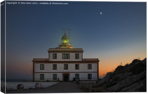 Green Light on Fisterra Lighthouse During Crescent Moon, Galicia Canvas Print by Pere Sanz
