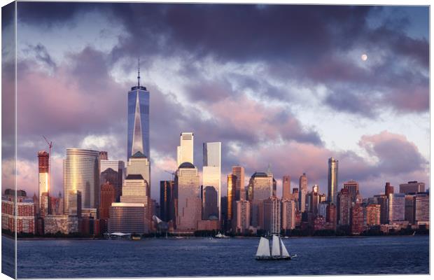 Lower Manhattan Skyline and moon rising at Blue Ho Canvas Print by Pere Sanz