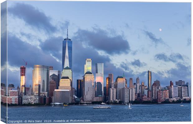 Lower Manhattan Skyline and moon rising at blue ho Canvas Print by Pere Sanz