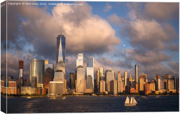 Lower Manhattan Skyline and moon rising at Golden Hour, NYC, USA Canvas Print by Pere Sanz