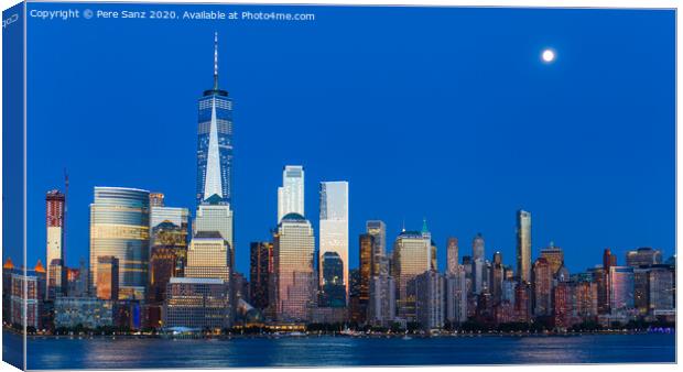 Lower Manhattan Skyline and moon rising at blue hour, NYC, USA Canvas Print by Pere Sanz