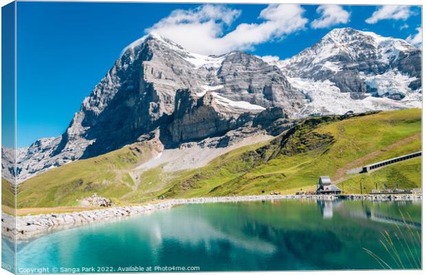 Jungfrau Fallbodensee lake and snowy mountain in Switzerland Canvas Print by Sanga Park