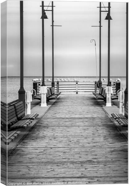 Lake Pier - A deserted tranquil boardwalk, black & white. Canvas Print by Blok Photo 