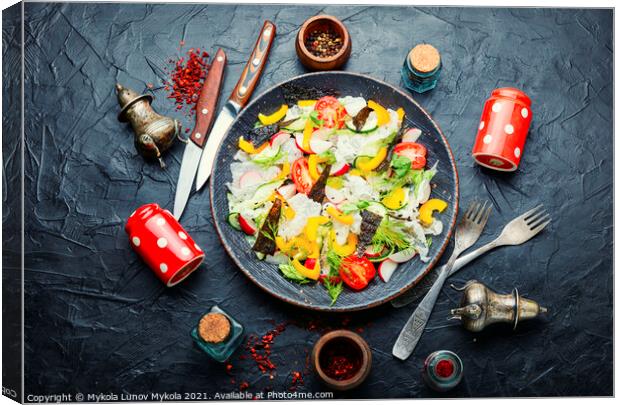 Vegetarian spring salad with fresh vegetables,top view Canvas Print by Mykola Lunov Mykola