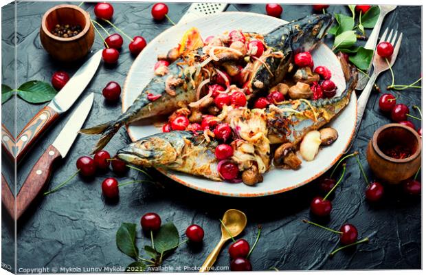 Baked mackerel stuffed with cherries Canvas Print by Mykola Lunov Mykola