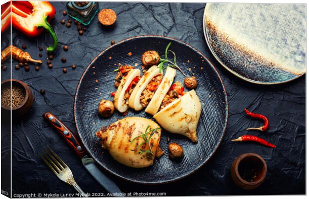 Tasty grilled squid with mushrooms filling Canvas Print by Mykola Lunov Mykola