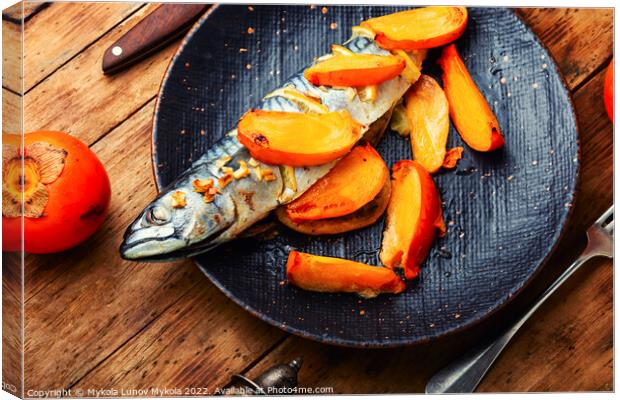 Baked fish with persimmon. Canvas Print by Mykola Lunov Mykola