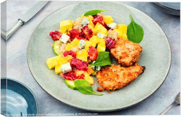 Meat salad with citrus fruits, mango, cheese and quinoa Canvas Print by Mykola Lunov Mykola