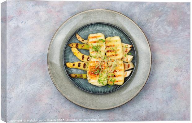 Baked white asparagus with halloumi cheese. Canvas Print by Mykola Lunov Mykola