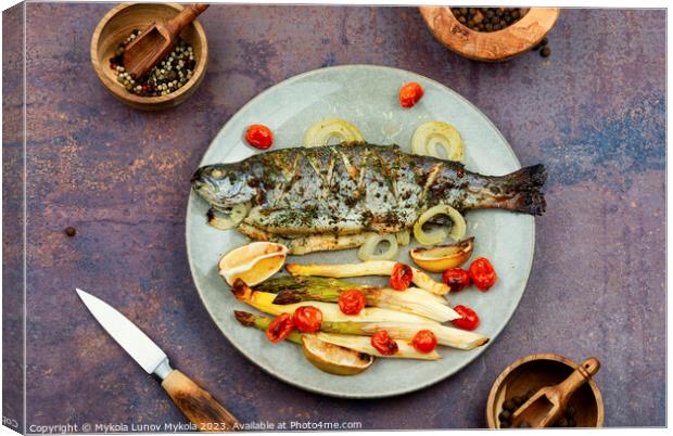 Roasted trout with baked asparagus Canvas Print by Mykola Lunov Mykola