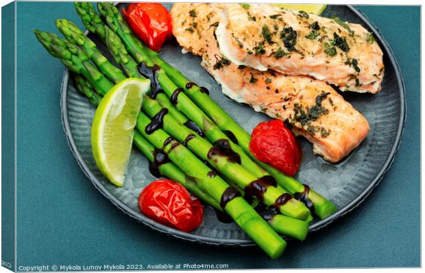 Salmon prepared with asparagus. Canvas Print by Mykola Lunov Mykola