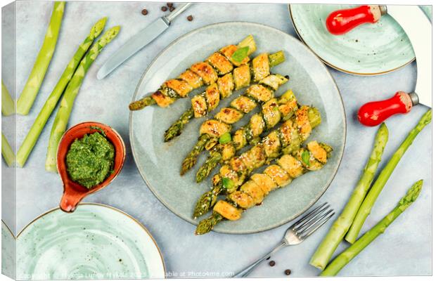 Vegetarian asparagus baked in bread, grissini. Canvas Print by Mykola Lunov Mykola