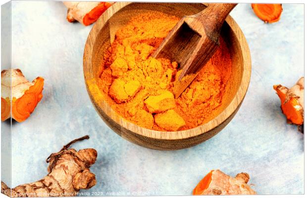 Turmeric root and turmeric powder, medicine herb. Canvas Print by Mykola Lunov Mykola