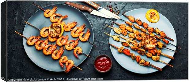 Grilled shrimp and mussels skewers Canvas Print by Mykola Lunov Mykola