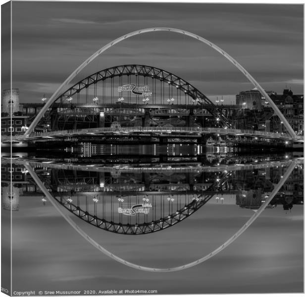 Newcastle Tyne and Millennium bridges reflections  Canvas Print by Sree Mussunoor