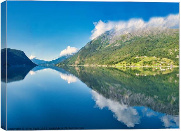 Reflections on a Norwegian Fjord  Canvas Print by chris hyde