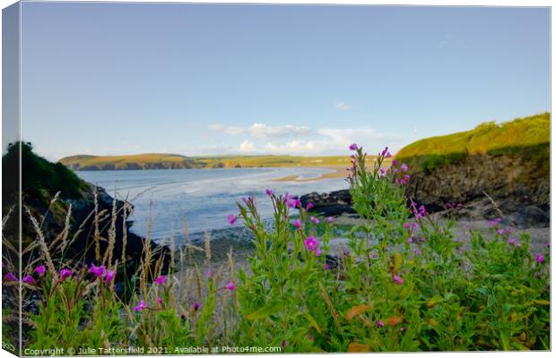 Newport  beach framed with coastal purple flowers Canvas Print by Julie Tattersfield