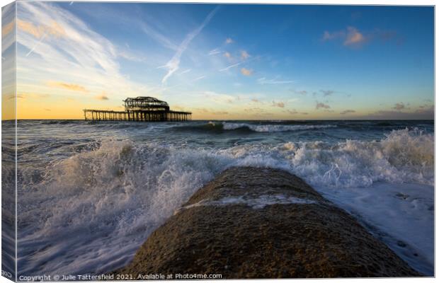 stormy waves in the Autumn sunshine Brighton Canvas Print by Julie Tattersfield