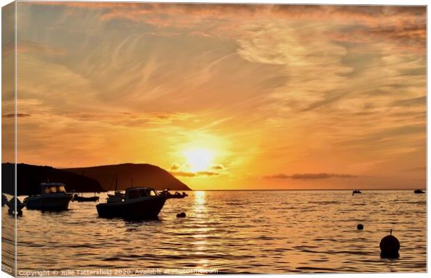 A sunset behind a boat on the sea Pembrokeshire Canvas Print by Julie Tattersfield