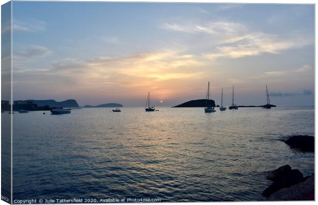 Es Cana Ibiza sunrise just peaking through at 5.08 Canvas Print by Julie Tattersfield