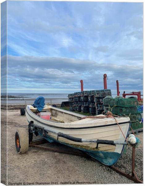 Boulmer Boat & Lobster Pots Canvas Print by David Thompson