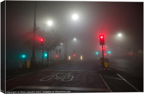 Extremely foggy night time conditions at a junctio Canvas Print by Rhys Leonard