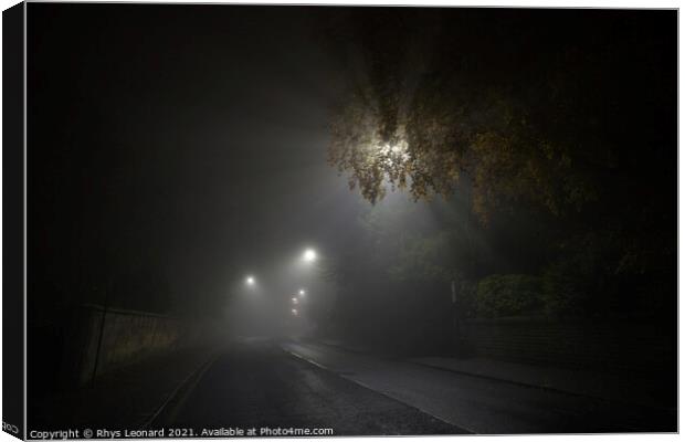 Deserted and spooky glossop road in sheffield, heavy fog during night Canvas Print by Rhys Leonard