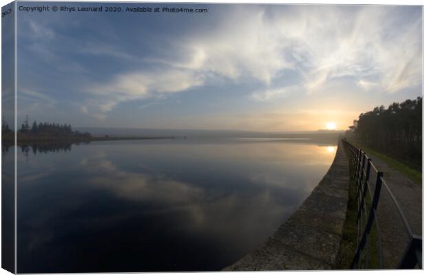 Mirrored sunset in water at redmires reservoir, fish eye perspective Canvas Print by Rhys Leonard