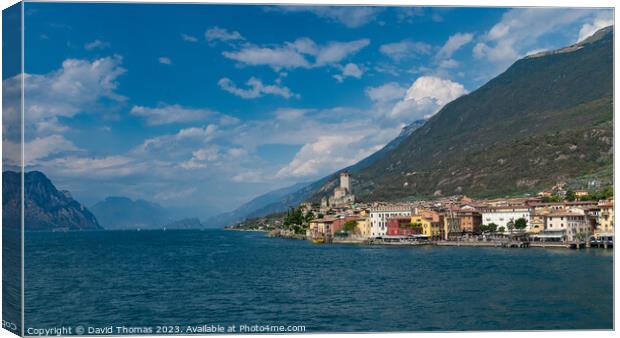 Malcesine viewed over Lake Garda Canvas Print by David Thomas