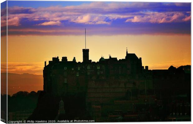 Edinburgh Castle sunset silhouette  Canvas Print by Philip Hawkins