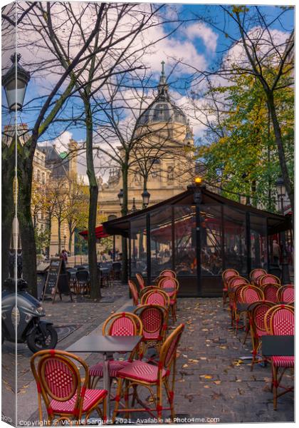 Terrace bar in front of the church Canvas Print by Vicente Sargues