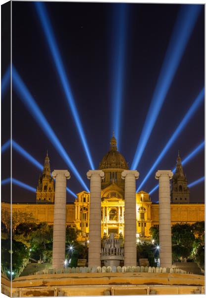 Night view of Magic Fountain light show in Barcelo Canvas Print by Arpad Radoczy
