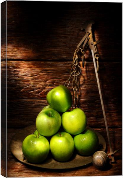 green apples on top of a wooden table Canvas Print by Alessandro Della Torre