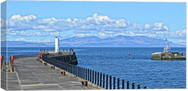 Ayr harbour pier and mountains on Arran Canvas Print by Allan Durward Photography