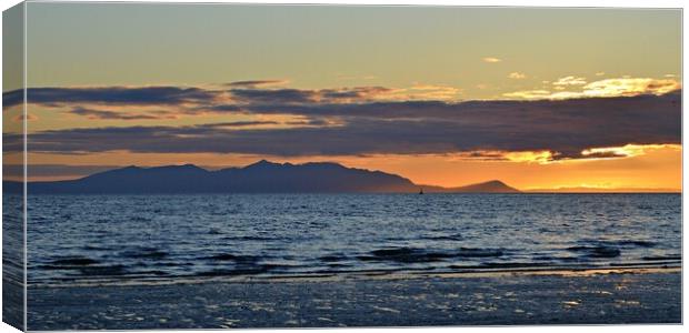 Ayr beach view  of picturesque Arran at sunset Canvas Print by Allan Durward Photography
