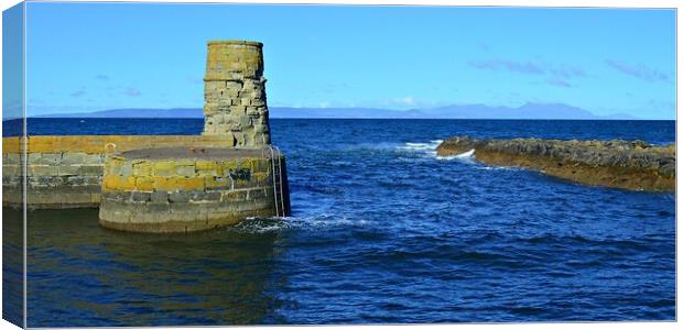 Dunure harbour entrance and Arran Canvas Print by Allan Durward Photography