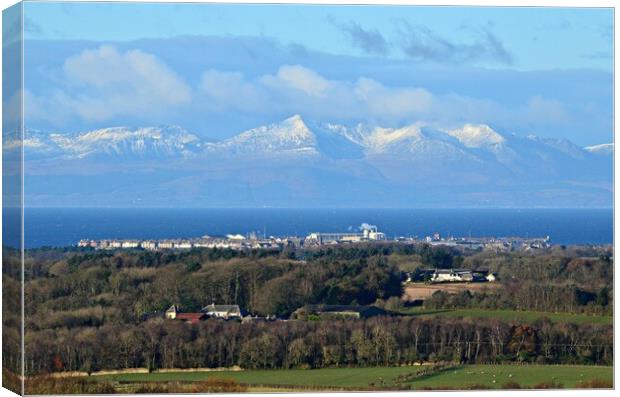 Troon and snow covered Isle of Arran mountains Canvas Print by Allan Durward Photography