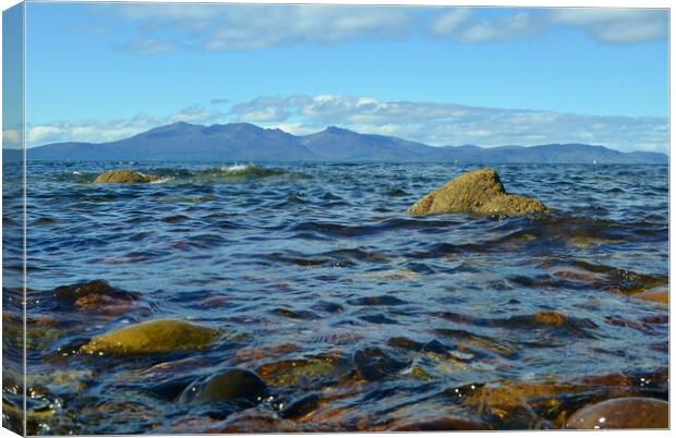 Arran view and rocky shore on the Firth of Clyde Canvas Print by Allan Durward Photography