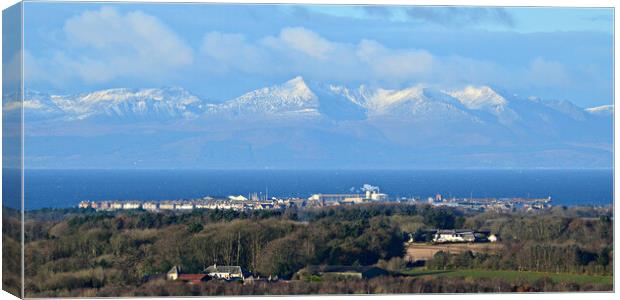 Winter snow on Arran with Troon in the foreground Canvas Print by Allan Durward Photography